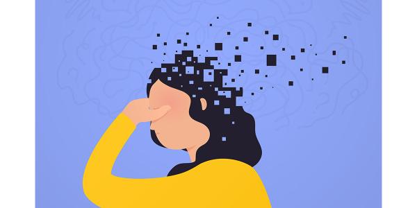 Illustration of a woman with pixelated parts of her head floating away