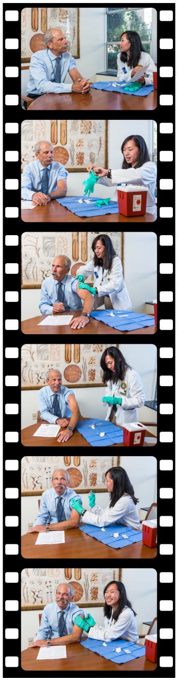 Lee prepares Guglielmo&rsquo;s flu shot and administers it.