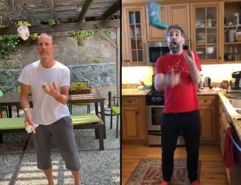 Ahituv juggles outside and Fraser juggles in his kitchen.