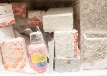 Boxes and bottles scientific samples in a freezer